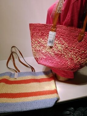 Woven Pink Straw Tote Bag With Faux Leather Straps And Stripe Bag